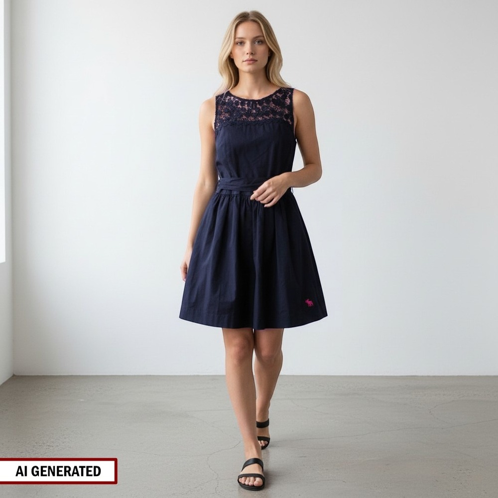 Abercrombie & Fitch Dress Womens XXS Navy Blue Lace Yoke Fit Flare Tie Waist New